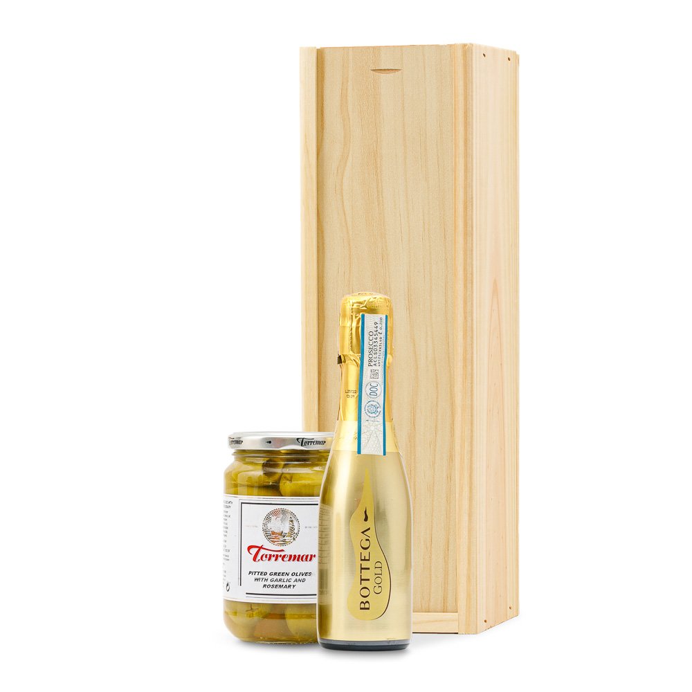 Borrelpakket - Bottega Gold in houten kist met olijven - 20cl