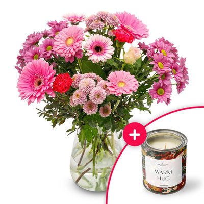 Boeket Zacht roze | The Gift Label Warm hug kaars 
