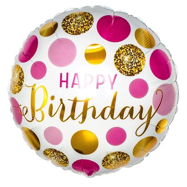 Ballon goud/roze stippen 'Happy Birthday'