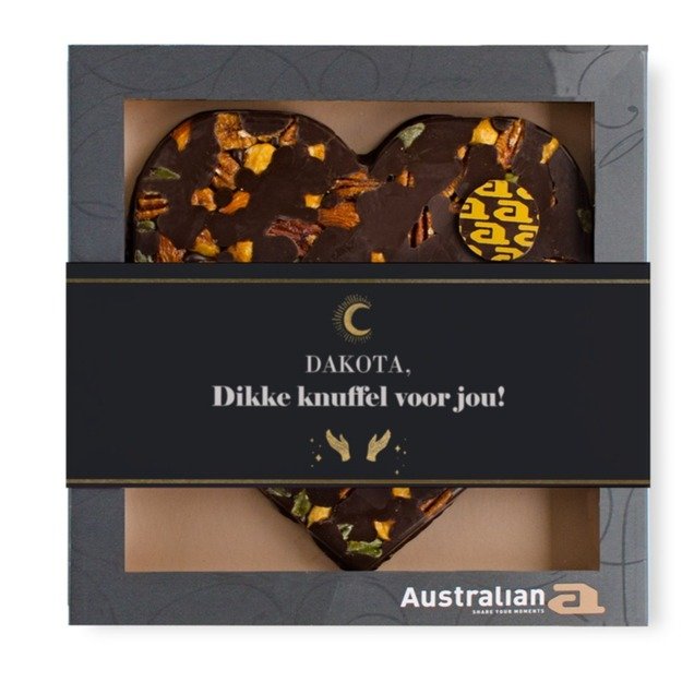 Australian Hart | Pure chocolade | Dikke knuffel met eigen tekst | 220g