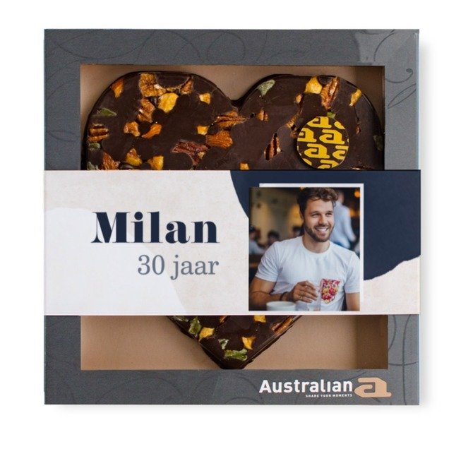 Australian Hart | Pure chocolade | Gefeliciteerd met eigen foto en tekst | 220g