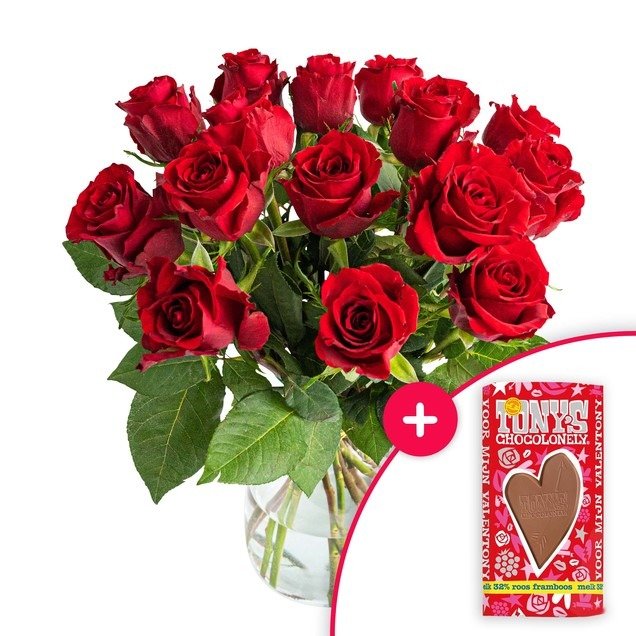 Tony's Valentijn + Boeket Extra Liefdevol (15 rozen)