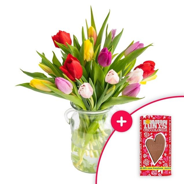 Tony's Chocolade + boeket Tulpen (incl. vaas)