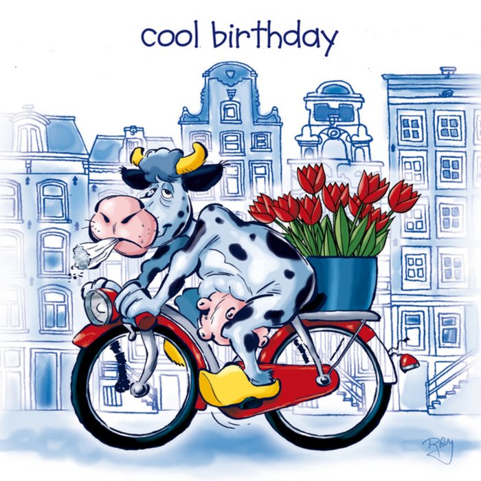 Old Dutch | Verjaardagskaart | koe | tulpen