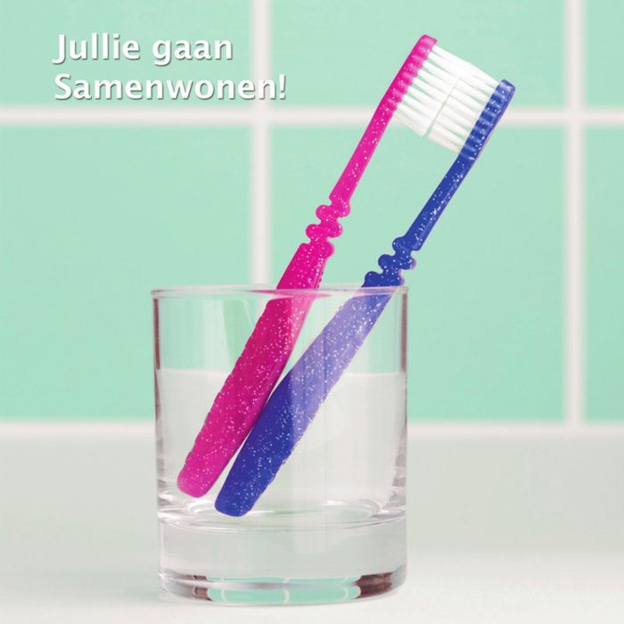 Kaart met roze en blauwe tandenborstel in glas