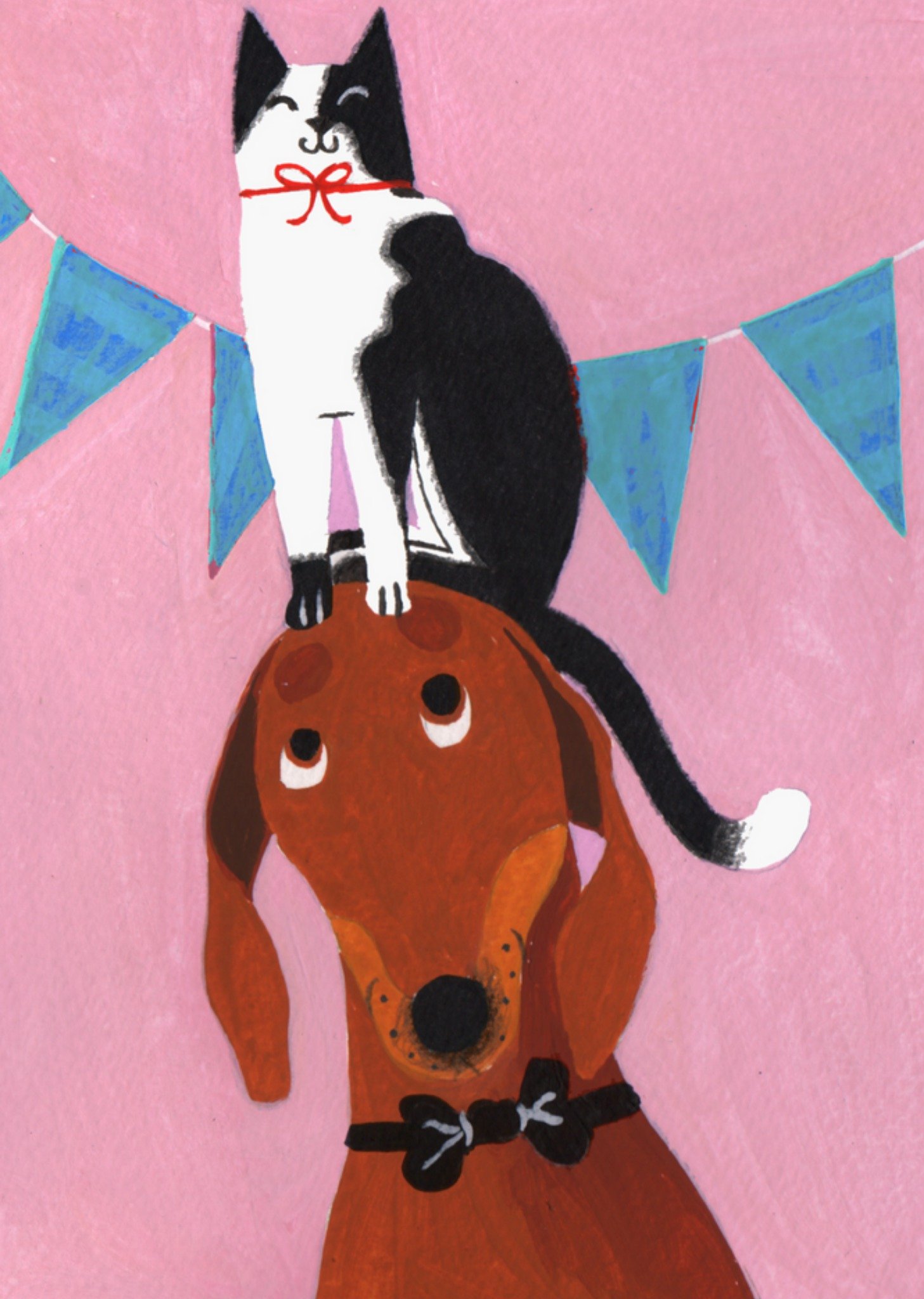 Noëlle Smit - Verjaardagskaart - Teckel en kat