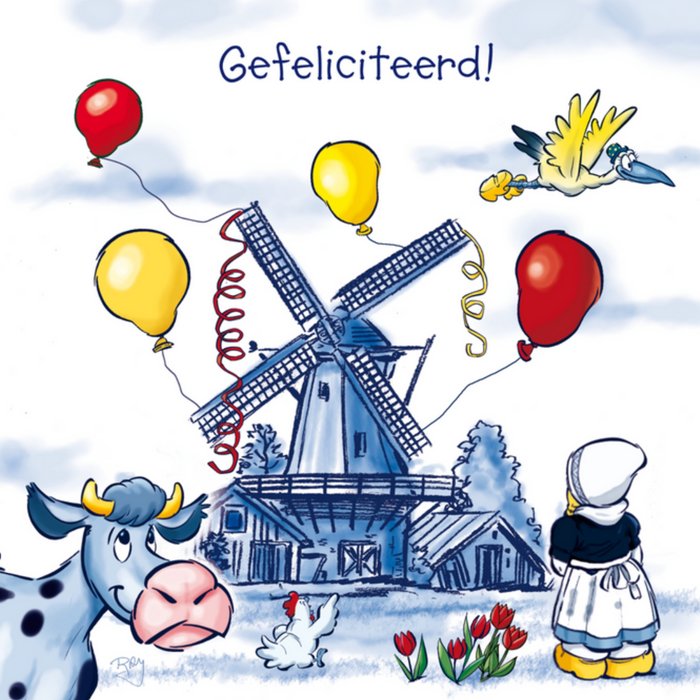 Old Dutch | Verjaardagskaart | ballon | molen