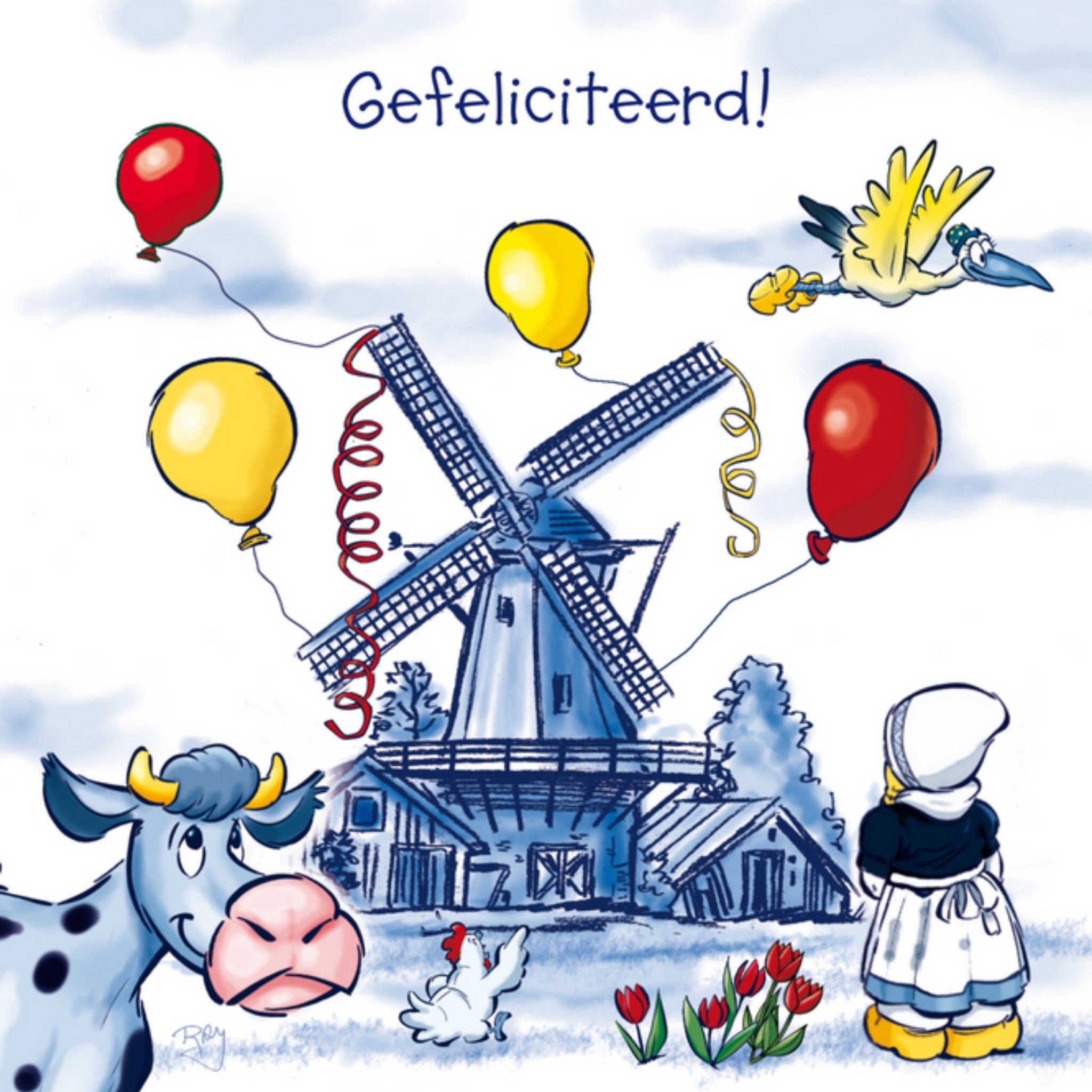 Old Dutch - Verjaardagskaart - ballon - molen 79