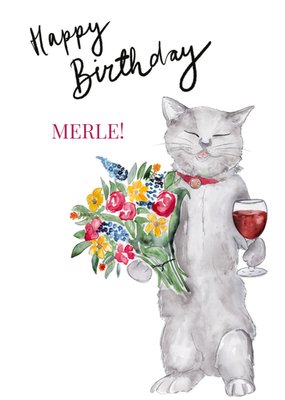 Marie Bodie | Verjaardagskaart | Kat met bloemen