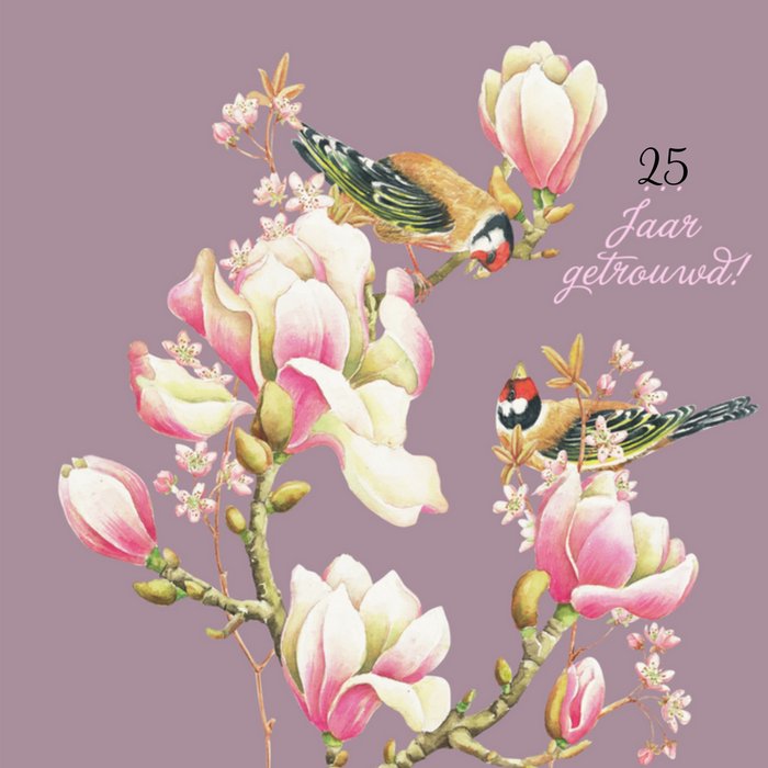 Paarse kaart met vogels en roze bloesem