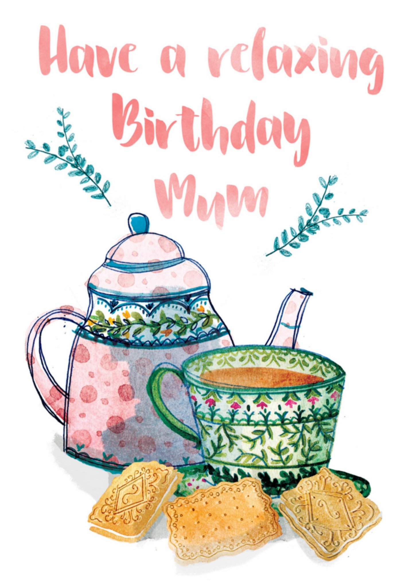 Verjaardagskaart - theepot en koekjes